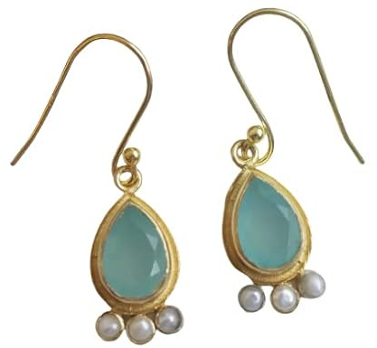 Aqua Chalcedon und Süßwasserperle Vergoldet Ohrringe | 925 Sterling Silber- Natürlicher Edelstein - Geburtstagsgeschenk - Handgefertigte Geschenkideen für Frauen (Chalcedon)