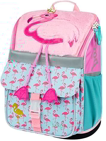 Baagl Schulranzen Mädchen für 1. Klasse - Ergonomische Schultasche für Kinder - Schulrucksack mit Brustgurt - Grundschule Ranzen Tornister (Flamingo)