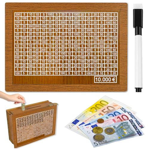 Spardose aus Holz, Retro Sparbüchse Aufbewahrungsbox, Sparbox, Spardose Kinder-Sparziel, Sparschwein mit Marker, Wiederverwendbare Spardose mit Sparziel und Zahlen zum ankreuzen (10000€)