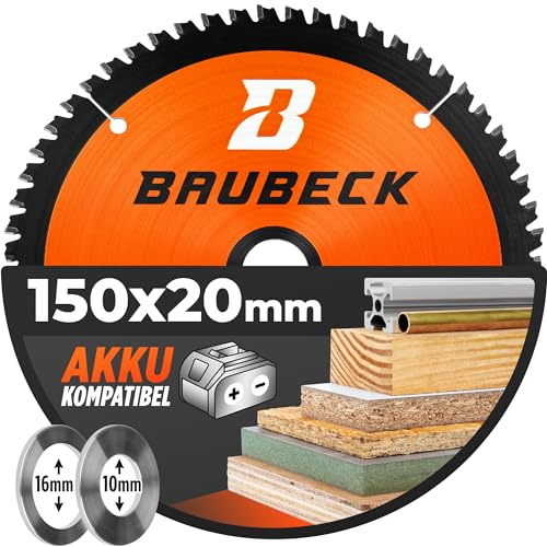 BAUBECK Akku Sägeblatt 150x20 inkl. 16mm/10mm Reduzierringe - Multi Material Feinschnitt - Kreissägeblatt 150x20 für Holz, Aluminium, Metall uvm. - Kreissägeblatt 150x16 - Kreissägeblatt 150x10