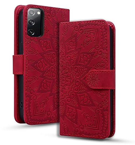Rosbtib Funda Móvil para Samsung Galaxy S20 FE 4G 5G Cover de Cuero Premium PU con Cierre Magnético y Función de Soporte Flip Cover Mandala en Relieve Samsung Galaxy S20 FE 4G 5G - Rojo