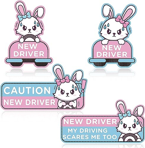 PANTIDE 4Stk. Cartoon Kaninchen Student Fahrer Auto-Magnet Neue Fahrer Zeichen für Auto Reflektierend Student Driver Aufkleber Geschenk für Teenager Wiederverwendbar Auto-Stoßstange Sicherheitszeichen