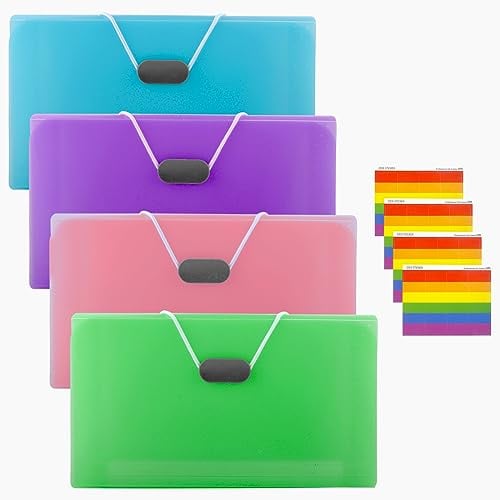 4 Stück FäChermappe, Dokumententasche A6 Karteikarten Box A6 Leer Schnellhefter Bunt Postmappe Ordner Organizer Mappen Heftbox Hefter mit 13 Taschen für Rechnung Gutscheine Quittungen Scheckkarten