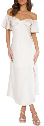 2023 Abito formale da donna in raso con spalle scoperte da matrimonio elegante manica a farfalla Split Cocktail Prom Midi Abiti, bianco, Small