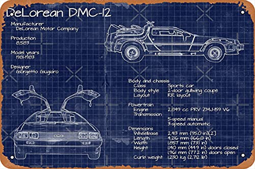 Back to The Future Delorean Blueprints Poster Metall Blechschild 20,3 x 30,5 cm Vintage Retro Man Cave Wanddekoration