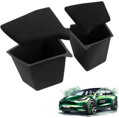 TESSI Trunk Seiten Organizer passend für das Tesla Model Y (Giga Berlin) - Mehr Stauraum - Ideal für Camping & für kleine Gegenstände - Für Model Y entwickelt - 2 Deckel zum schließen der Fächer