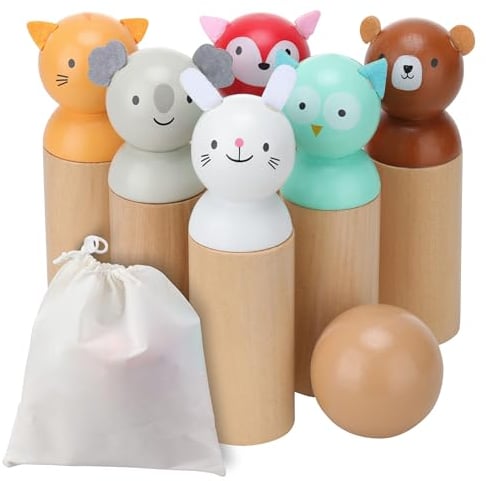 Navaris Bowling Set für Kinder - Kegelspiel für Kinder - Kegel aus Holz - Holzkegel für Kinder - Kegelspiel ab 2 Jahre - Kegelspiel für Kinder Outdoor - 6-Teilig