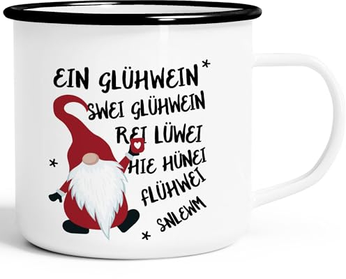 Moonworks® Emaille-Tasse Spruch Ein Glühwein Swei Glühwein-Becher Wichtel Weihnachtsmarkt Geschenk Weihnachtsmann emaille-weiß-schwarz standard
