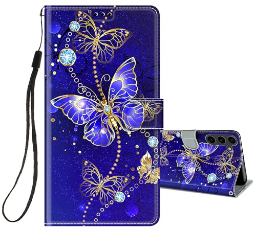 HopMore Coque pour Samsung Galaxy A15 4G / 5G Housse Etui à Rabat Pochette de Portefeuille Premium en Cuir PU, Flip Case Emplacements Cartes Magnétique à Clapet pour Samsung A15, Papillon/Bleu