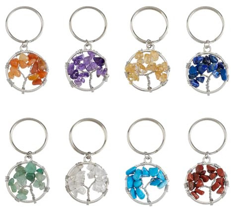 SUPERFINDINGS Portachiavi Albero Della Vita In 8 Colore Portachiavi con Pietra Preziosa Da 5.8 cm Pietra di Cristallo Naturale Ciondolo Portachiavi Fatto A Mano Piatto Rotondo