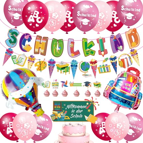 Einschulung Deko Mädchen, Deko Einschulung Mädchen SCHULKIND Girlande, Zuckertüten Banner, 18 Luft-ba-llons mit ABC 123 Schulkind Motiv, Konfetti,2 Folienba-llon Schulanfang Schuleinführung Deko(Rosa)