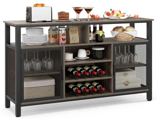 GOPLUS Buffet de Cuisine avec Range-Bouteilles et Porte-Verres pour 8 Bouteilles, 2 Placards, Meuble de Rangement pour Salle à Manger, Salon, 140x40x82,5cm, Gris Rustique