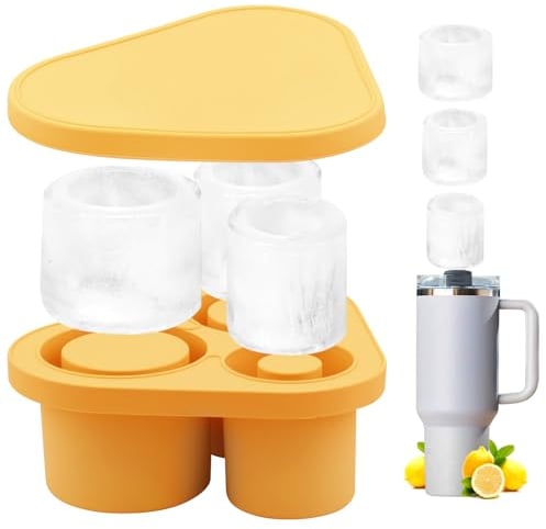 Ice Mold Tray for Stanley Cup,Ice Cube Trays with Lids for 20/30/40 oz Tumblers,Silicone Stanley Cup Ice Mold for Making 3 Hollow Cylinder Ice Molds for Chilling Whiskey Cocktail Drink Coffee (Yellow)