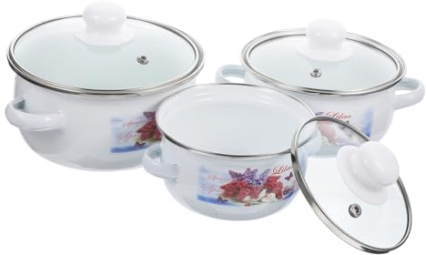 Genérico 3 Piezas olla multifunción olla multifuncional olla esmalte pasta utensilios cocina para acampar olla con tapa cacerola esmaltada con asa cacerola con asa Lindo estufa flores