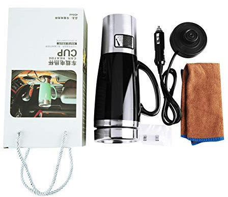 NDNCZDHC 450ml 12V Car Electric Heat Cup with Adapter Towel 304 Stainless Steel Water Heater Kettle Black Portable Coffee Pot for Car