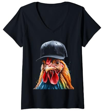 Damen Huhn Snapback Cap Henne Bunt Lustig Tier Design Print T-Shirt mit V-Ausschnitt