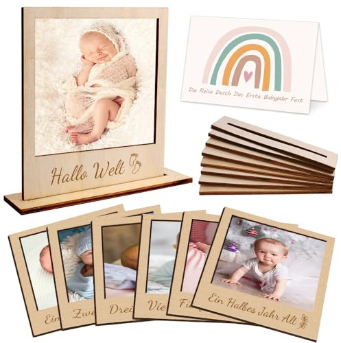 YANSYUN 15 Stück Holzrahmen Baby Geburtstagsdeko 1 Jahr mit Tischkarten, Meilenstein Fotorahmen Baby 1-12 Monate Erster Geburtstag Junge Mädchen Fotogirlande Alternative