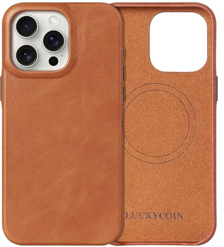 LUCKYCOIN Magnetic Phone Case for iPhone 15 Pro Max 6.7 in,Compatible with MagSafe Wireless Charging,Genuine Leather Case with Metal Buttons,Shockproof Screen Protector Phone Bumper Cover-Brown