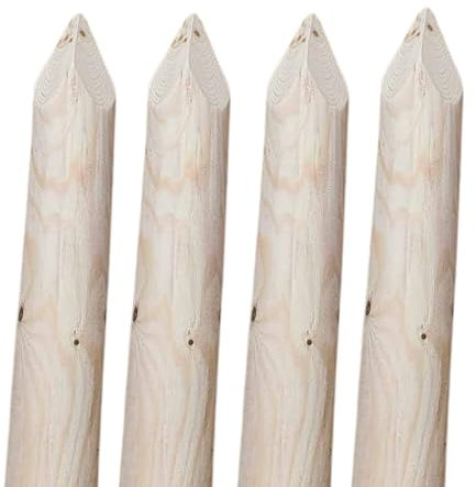 TIMBERMIK ø 7cm 4-Pack Paletti di Legno a Punta Lunghezza: 240 cm Recinzione Tondo Staccionata Pino Torniti Giardino Non Impregnato