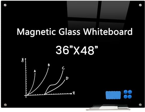 Younuoboard Tableau noir magnétique en verre trempé effaçable à sec avec effaceur sans cadre pour bureau interactif, fixation murale, 121,9 x 91,4 cm