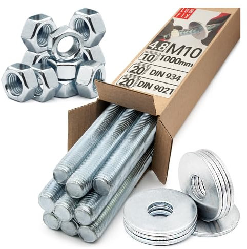 Tige filetée Set M10 x 1000 mm 10 pièces acier galvanisé 4.8 DIN 976 avec écrous DIN 934 et rondelles DIN 9021 - goujon fileté M10 boulon vis longue métrique complet tige fixation métal