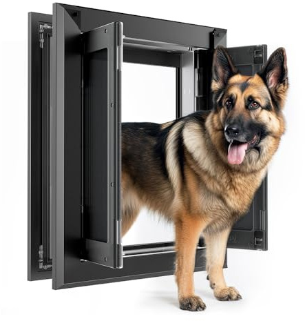 Französische große Hundetür aus Aluminium, Starke doppelte magnetische Klappen, mit Aluminium-Teleskop-Tunnel, robuste Do-G-Tür für große und mittelgroße Hunde bis zu 50 kg (groß, schwarz)