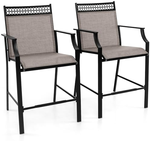 GOPLUS Gartenstuhl 2er Set, Barhocker Barstuhl mit hohe Rückenlehne, Armlehnen & Fußstütze, Balkonstuhl aus Metall bis 180kg belastbar, Terassenstuhl Outdoor für Garten Balkon Pool (Braun)