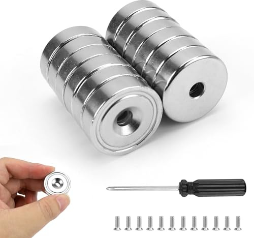 Erzekrim 12 Stück Neodym Magnete Neodym Magnete Extra Stark 25mm Magnete Extra Stark 20 KG Kraft mit Loch und 12 Schrauben Topfmagnet Rund für magnettafel und Pot küche werkzeuge schlüssel (A)