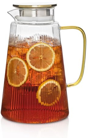71oz Ribbed Glass Pitcher with Yellow Handle – Heat Resistant Carafe with Lid for Hot & Cold Beverages, Iced Tea, Juice, Coffee – Borosilicate Water Jug for Kitchen or Tabletop Use