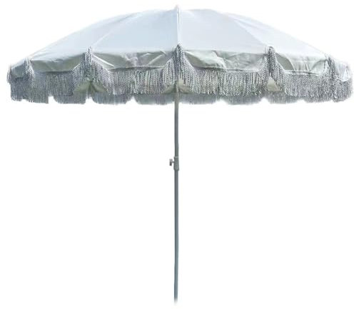 HUIBBGO Parasol de Plage à Pompons de 2,4 m, Parasol d'extérieur, Parasol de Jardin Portable à 12 Baleines, Parasol de terrasse avec Sac de Transport, Beige