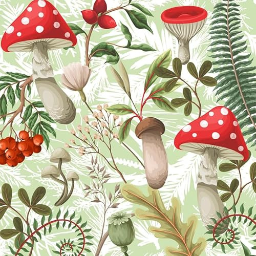 20 Servietten Herbst Waldpilze und Blätter als Tischdeko. Papierservietten herbstlich mit Motiv. Auch für Decoupage und Serviettentechnik 33x33cm