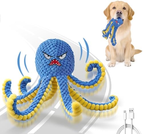 Qraxond Juguetes interactivos para perros, pulpo, juguete duradero para perros de salto automático para mantenerlos ocupados, juguete chirriante para perros de tira y afloja, juguetes recargables por