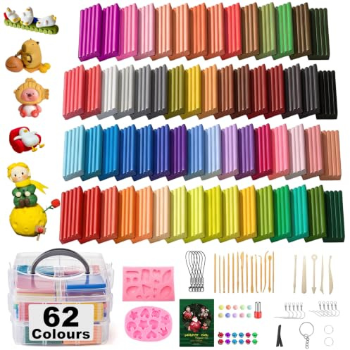 Polymer Clay Set,62 Colours DIY Modelling Clay Oven Baking Clay Kit,20 g/Block Soft Modeling Clay Kit,19 Tools 14 Accessories and 2 silicone moulds,Non-Stick,Non-Toxic, Ideal Gift for Kids,Total 1545g