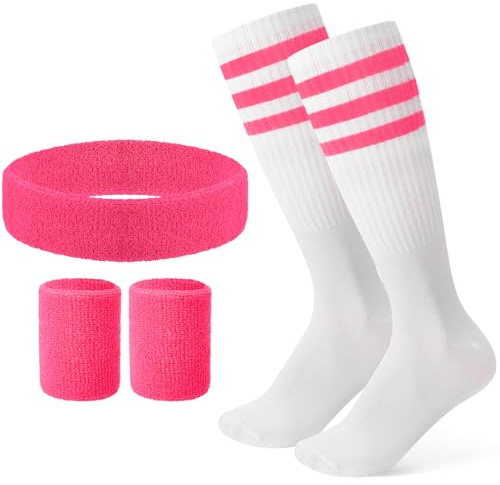 Newofview Schweissband und Socken Set | 80er 90er Jahre Gestreiftes Stirnband,Armband,Gestreifte Hohe Socken für Damen Herren Sport Laufen Radfahren Karneval Party
