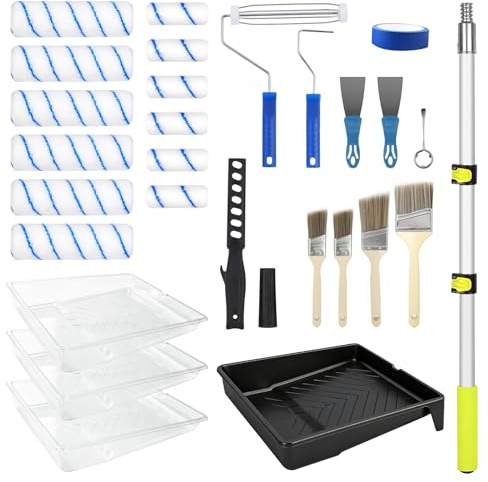 Kit Peinture 29 Pièces – Manche Télescopique, Rouleaux Microfibre & Bacs | Manche alu 0,6–1,2m, Rouleaux 23 & 10 cm Sans Peluche, Pinceaux Précis – Idéal Grandes Surfaces & Finitions Détaillées