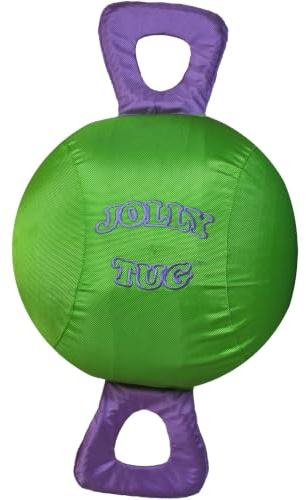 Horsemen's Pride Jolly Tug Ball Equine - 35cm - Green | 14 inch Jolly Ball inside tough machine-washable Cordura Nylon cover with 2 handles for multi-horse tug play