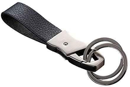 Cerbery® | Eleganter Schlüsselanhänger aus Leder mit Ringen und Geschenkbox | Schlüsselband Schlüsselbund Schlüsselhalter Schlüsselring Auto Foto Gravur Ring | Damen Herren | Geschenk (Silber)