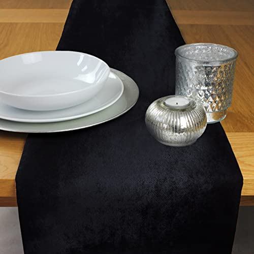 McAlister Textiles Glänzender Samt | Tischläufer 30cm x 200cm in Schwarz | Decke für Tisch, Sofa, Bett, Sessel in luxuriösem Designer Plüsch