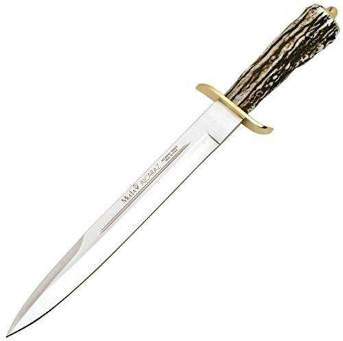 Muela Cuchillo ALCARAZ-26A hoja de acero MoVa de 26 cm y empuñadura de asta de ciervo para Caza, Pesca, Supervivencia y Bushcraft Realizado en Ciudad Real + Portabotellas de regalo