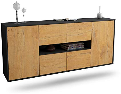 Dekati Sideboard Stamford hängend (180x77x35cm) Korpus anthrazit matt - Front Holz-Design Eiche - Push to Open