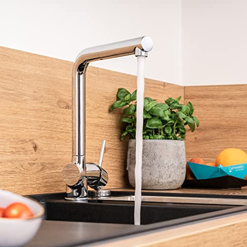 Calmwaters Wasserhahn Küche ausziehbar, Hochdruck Küchenarmatur 360° schwenkbar, Mischbatterie drehbar, Spültischarmatur mit flexiblen Auslauf, Küchenarmatur mit Keramikkartusche, Chrom