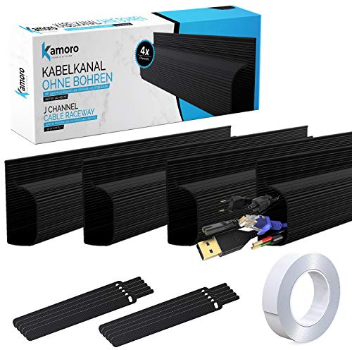 Kabelkanal Selbstklebend Set mit 4 Kabelschläuchen im J-Design - Mit 300cm Langem Klebeband und 10 Kabelbindern - Für Schreibtisch, Küche, Zimmer (Schwarz)