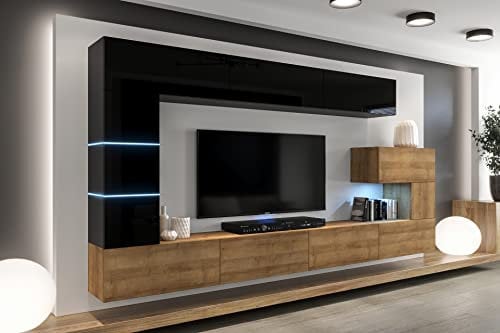Furnitech Wohnwand Wohnzimmer - Wohnzimmer Möbel mit LED Blau - Hängend Wohnwand Modern - Wohnzimmer Schrankwand mit Regale und TV Schrank (AN89NEW-21BDZ-HGM24)