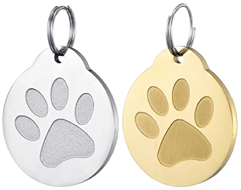CAMAL Chapa Perro Grabada, 2 Piezas Placas para Perros Grabadas Acero Inoxidable, Placa de Identificación Personalizada para Perros y Gatos, Accesorios para Collares (Oro y Acero)