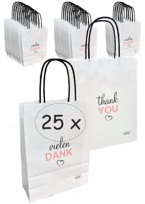Wedie 25 Stück Geschenktüten mit Henkel weiß I vielen Dank/Thank You Papiertüten mit Henkel I Geschenktaschen aus weißem Kraftpapier I Geschenktüte Danke zum Befüllen von Gastgeschenken