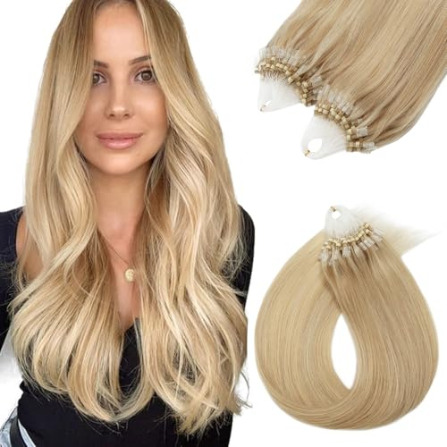 Silk-co Micro Loop Extensions Echthaar 0,5g Micro Ring Haar Extensions Weich Glatt Haarverlängerung 7A Human Hair 100 Strähnen 55cm-18P613# Graublond & Bleichblond