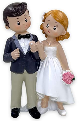Tortenfigur Hochzeit Brautpaar Tortenaufsatz Tortendeko Hochzeitspaar für Torte Cake-Topper Hochzeitstorte, Dekofigur Hochzeitspaar Wedding Trauung (Comicstyle Smile mit Ring)