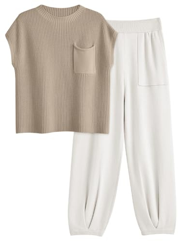 LILLUSORY Damen Lszsf0807 Rundhalsausschnitt (2er Pack) | Trendiges Outfit, Rundhalsausschnitt, Vordertasche, schmal zulaufende Hose, Sommer-Loungewear, vielseitige Resortkleidung für