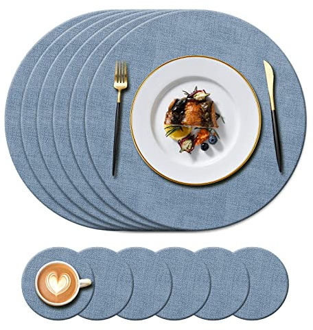 KERYCHIN Round Leather Place mats(34cm) and Coasters(10cm) Set of 6, Heat-Resistant 212 °F Placemats, Non-Slip and Washable, Tablemats for Home, Hotel, Kitchen, Restaurant, Dining Table, (Blue)