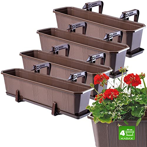 KADAX Jardineras Elegantes con Platos y Soportes para Barandillas de Balcón, Macetas Rectangulares de Plástico, Maceteros Colgantes (4: Marrón, 60 cm)
